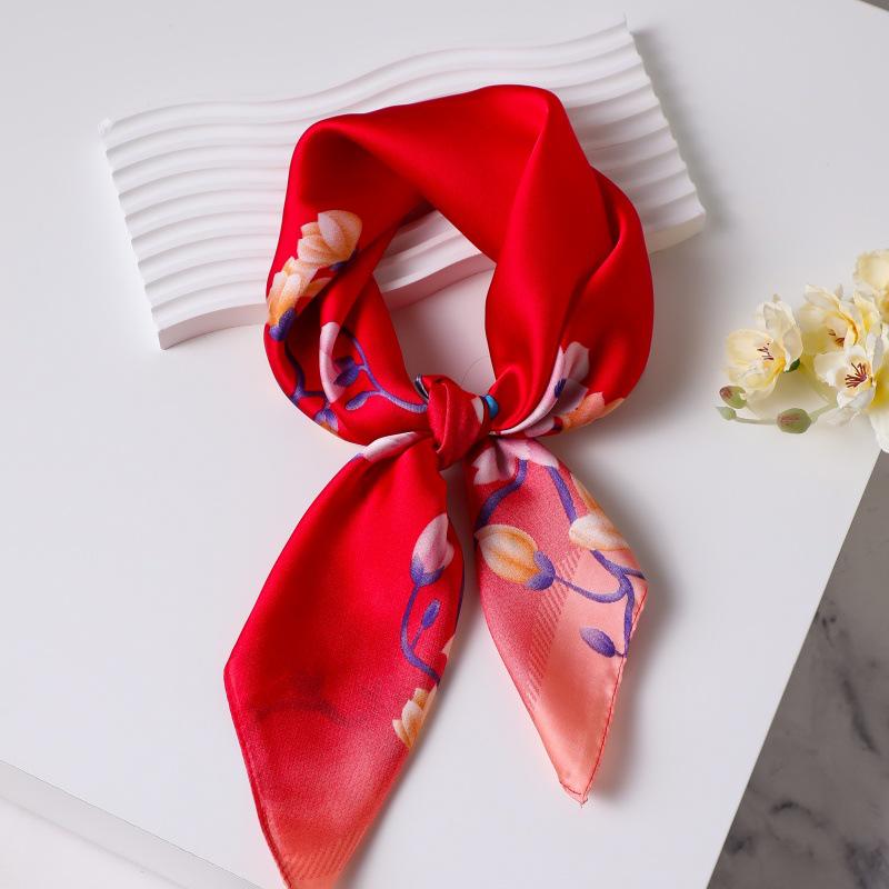 70cm Vintage Korean Style Silk Scarf: Versatile Faux Silk Neckerchief with Vintage Print for Women
