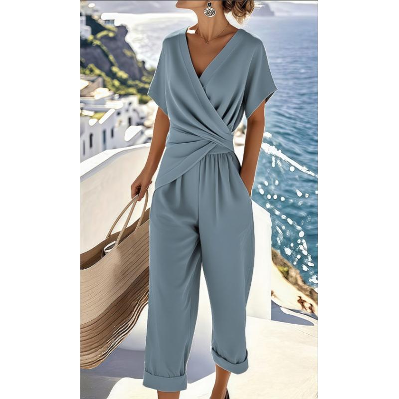 1116 Women's Clothing European and American Summer New Fashion Solid Color Irregular Short Sleeve Cover