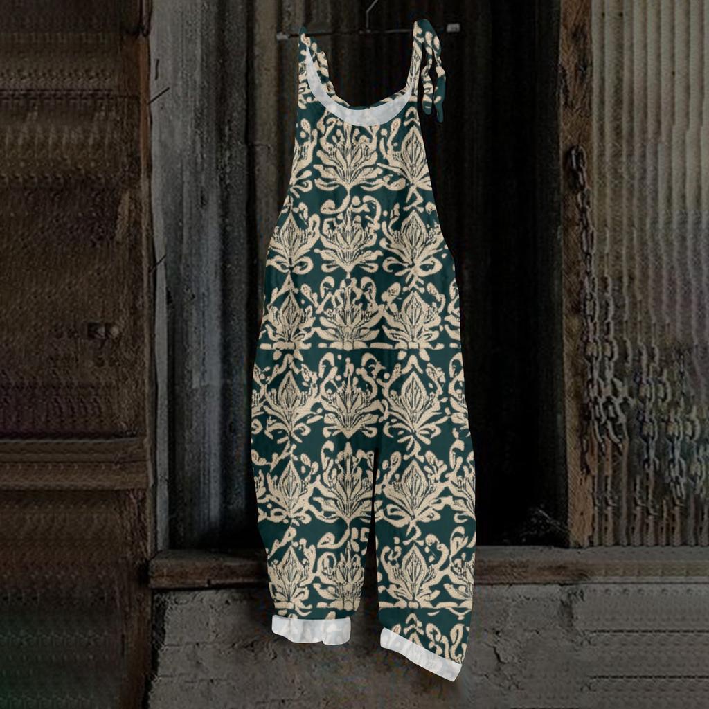 Women's One-piece Pants With Retro Prints, Casual Loose Retro Straps, And Cotton And Linen