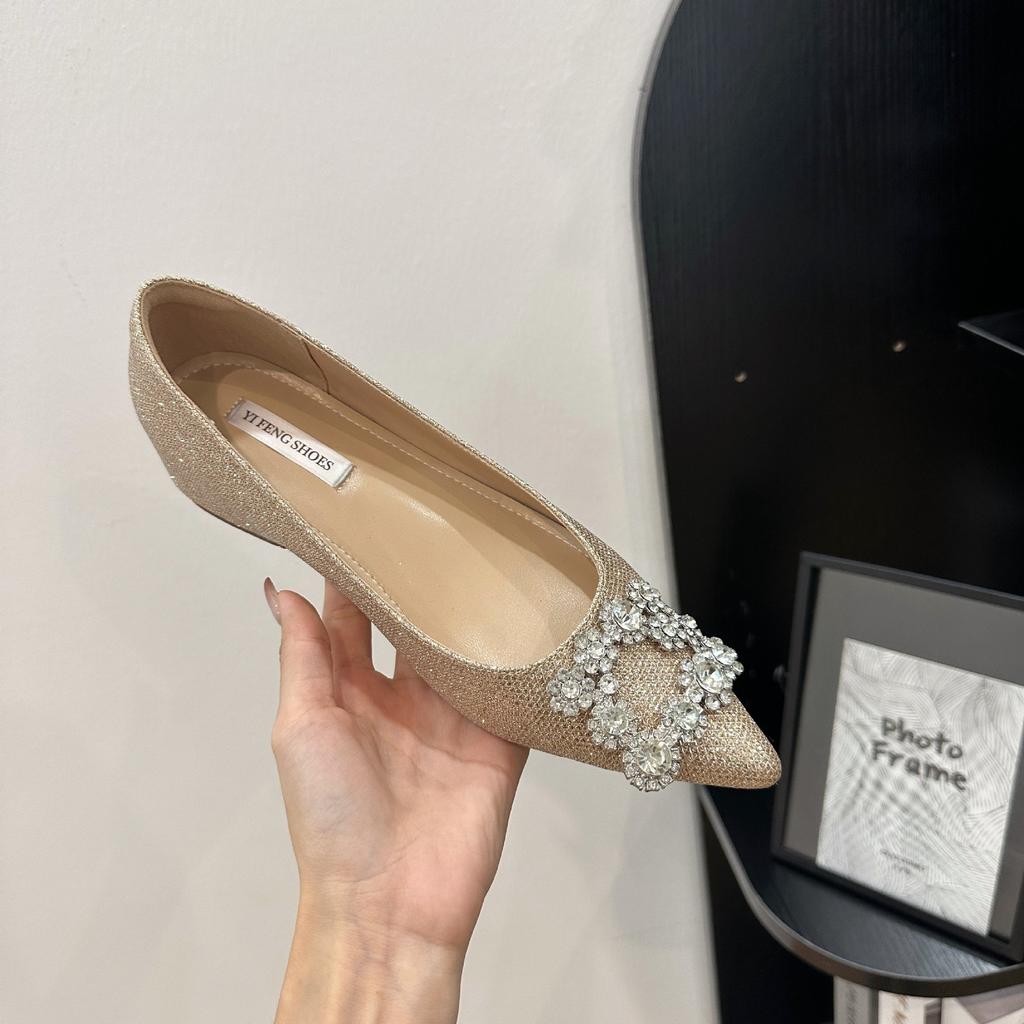 Small inner height increase women's shoes flash snowflake buckle rhinestone square buckle French single shoes flash dinner shallow mouth women's shoes