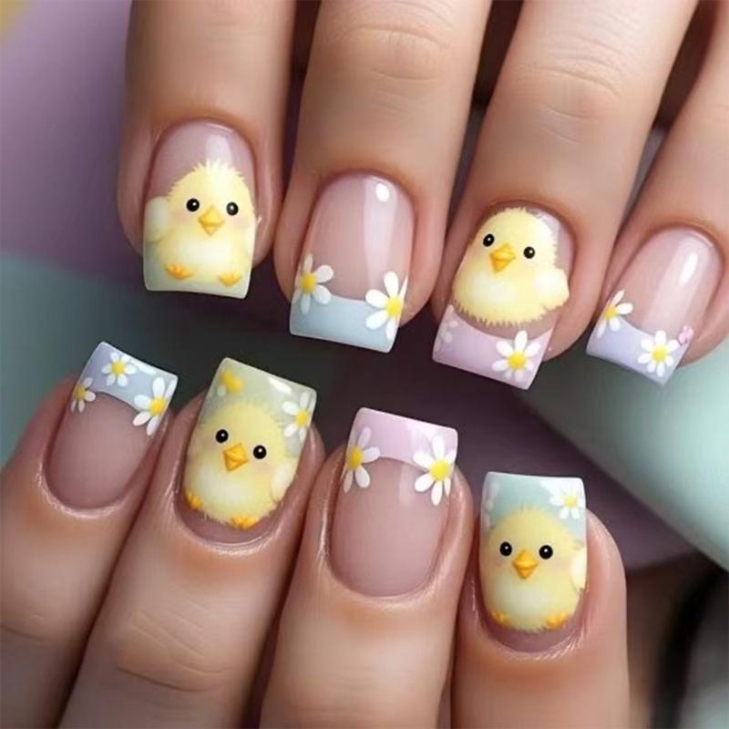 

French Style Short Square Artificial Nail Easter Chick White Daisy Design Comfortable Fashionable Look 1
