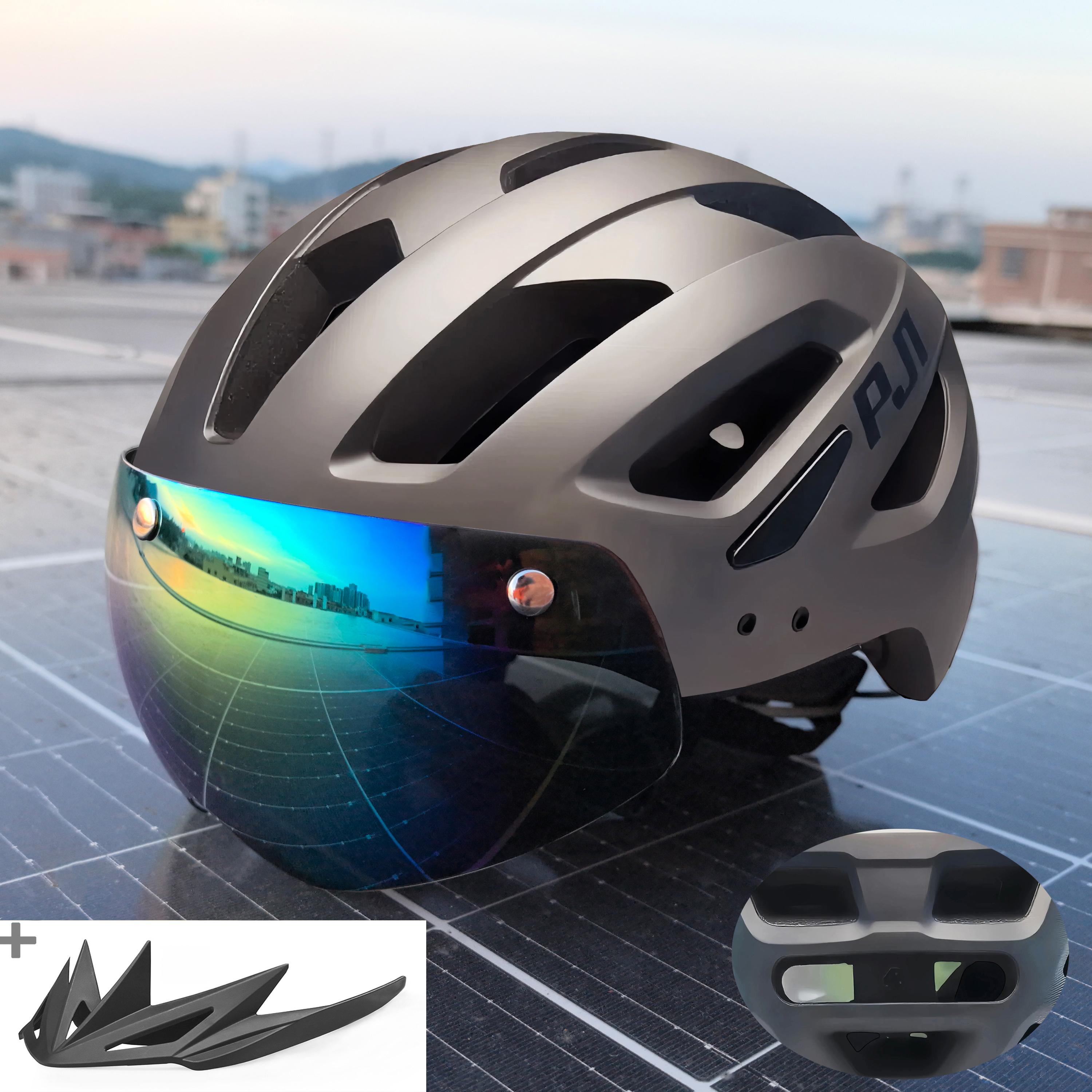 PJT Bike Helmet With Sun Goggle Visor Men Bicycle Helmet Sunglasses Road MTB Cycling Helmet Goggle E-bike  Sports Bike Helmet L57-61CM