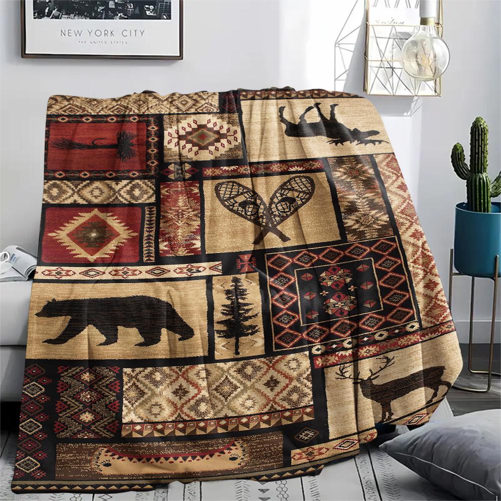 1Pc Cabin Bear Print Flannel Blanket, High Quality Comfortable for All Seasons, Home Decor, Warmth and Comfort, Perfect for Gifts