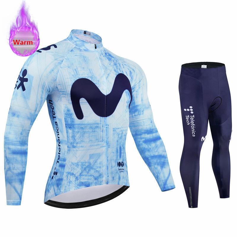 Movistar Racing Thermal Fleece Cycling Jersey Set Bicycle Bib Shorts Bike Clothing Ropa Maillot Ciclismo Hombre Bicicleta Kit