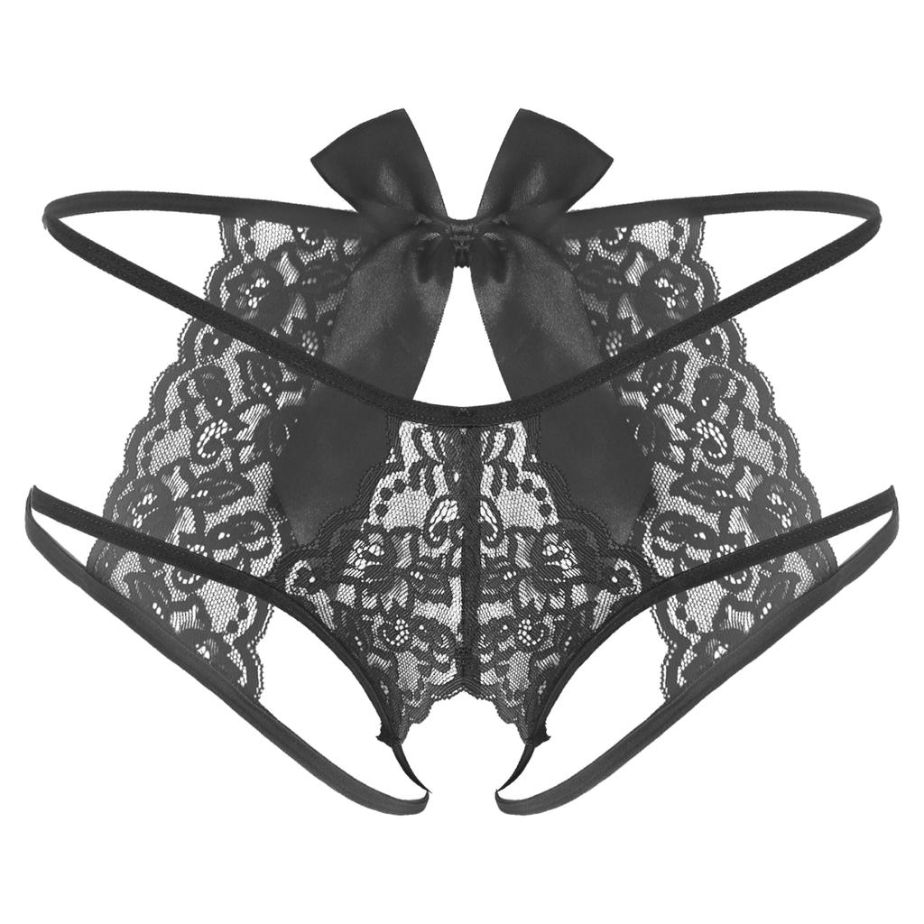 Pánské průsvitné krajkové G-string spodní prádlo se strappy T-back střihem bez rozkroku a mašličkou, dárek na líbánky