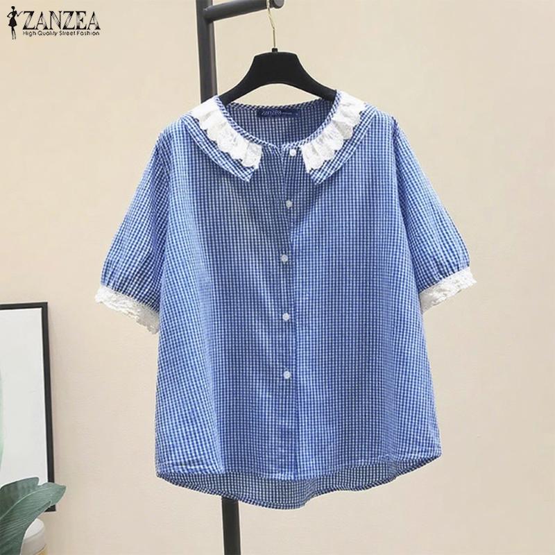 ZANZEA Womens Summer Splice Classic Collar Short Sleeve Grid Print Blouse