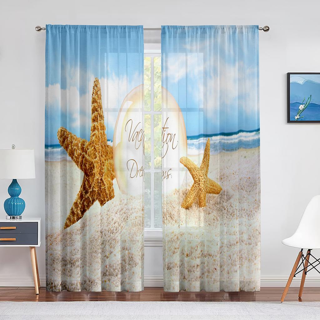 Ocean Summer Beach Sunlight Seawater Tulle In Sheer Curtains for Living Room Bedroom Kitchen Window Treatment Chiffon Curtain