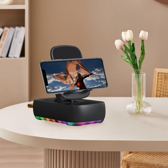 Bluetooth Uyumlu Hoparlörlü Cep Telefonu Standı LED Işıklı Katlanabilir Döndürülebilir Masa Standı TF Kartlı Kablosuz Hoparlör Samsung Tabletler İçin