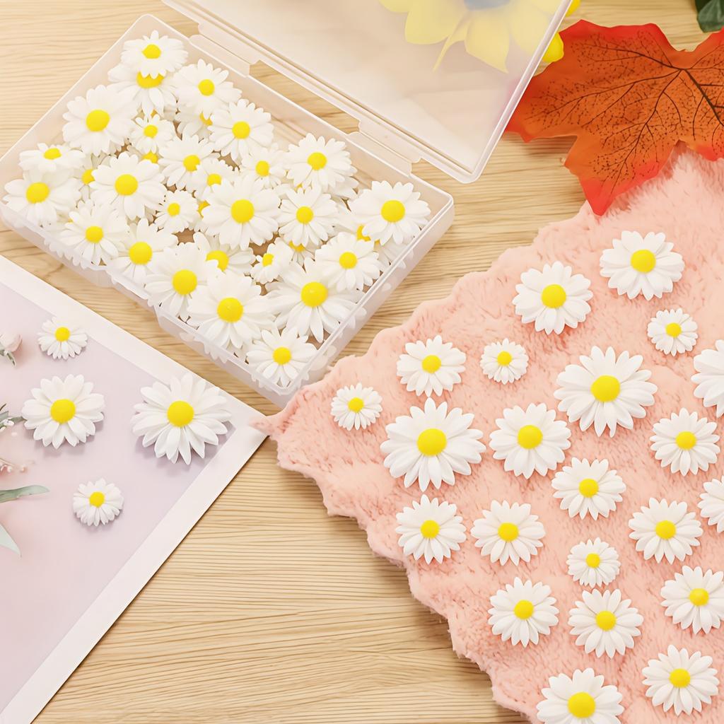 60pcs Realistic White Daisy Flowers with Yellow Centers - Flat-Bottom Floral Decorations, for DIY Crafts, Phone Cases, Nail Art