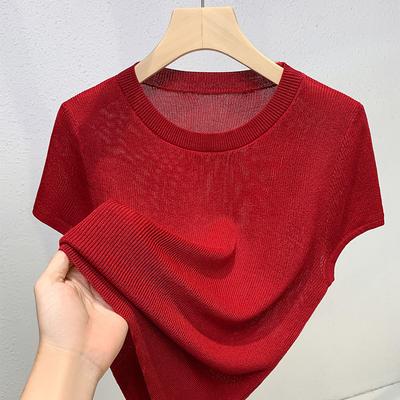 Short-sleeved T-shirt for Women New Women's Round Neck Sweater Loose Sleeves Covering Belly Top