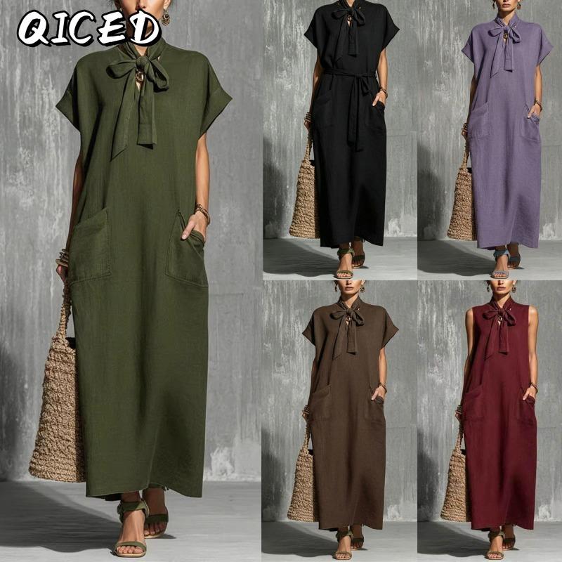QICED Fashion Summer Spring Solid Color Print Short Sleeve Casual Dresses