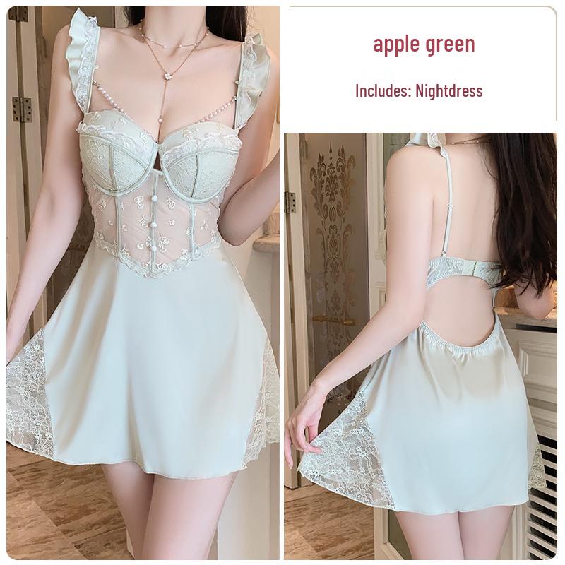 Guiruo Plus Size Deep V Underwire Mesh Camisole Nightgown Set