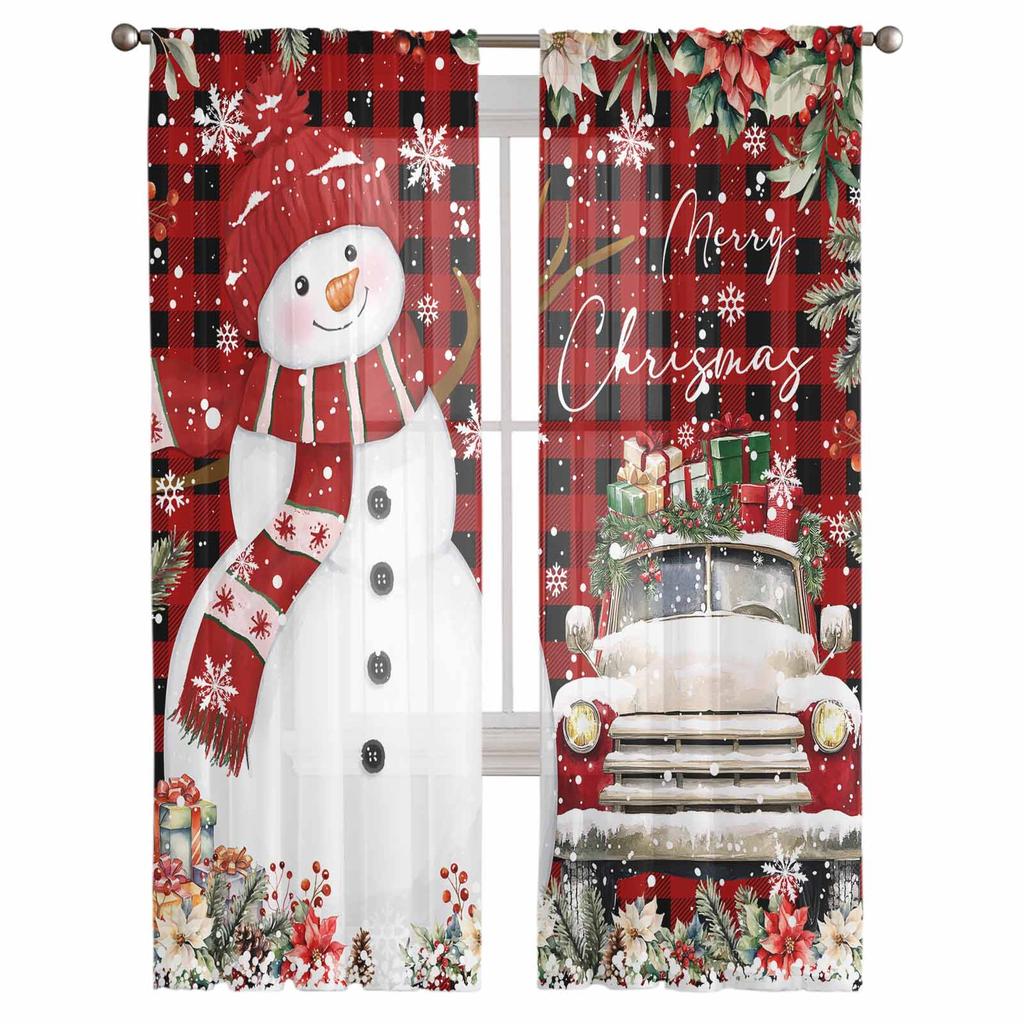 Christmas And Winter Snowman Poinsettia Curtains For Living Room Bedroom Home Decoration Window Voile Tulle Curtain Drapes