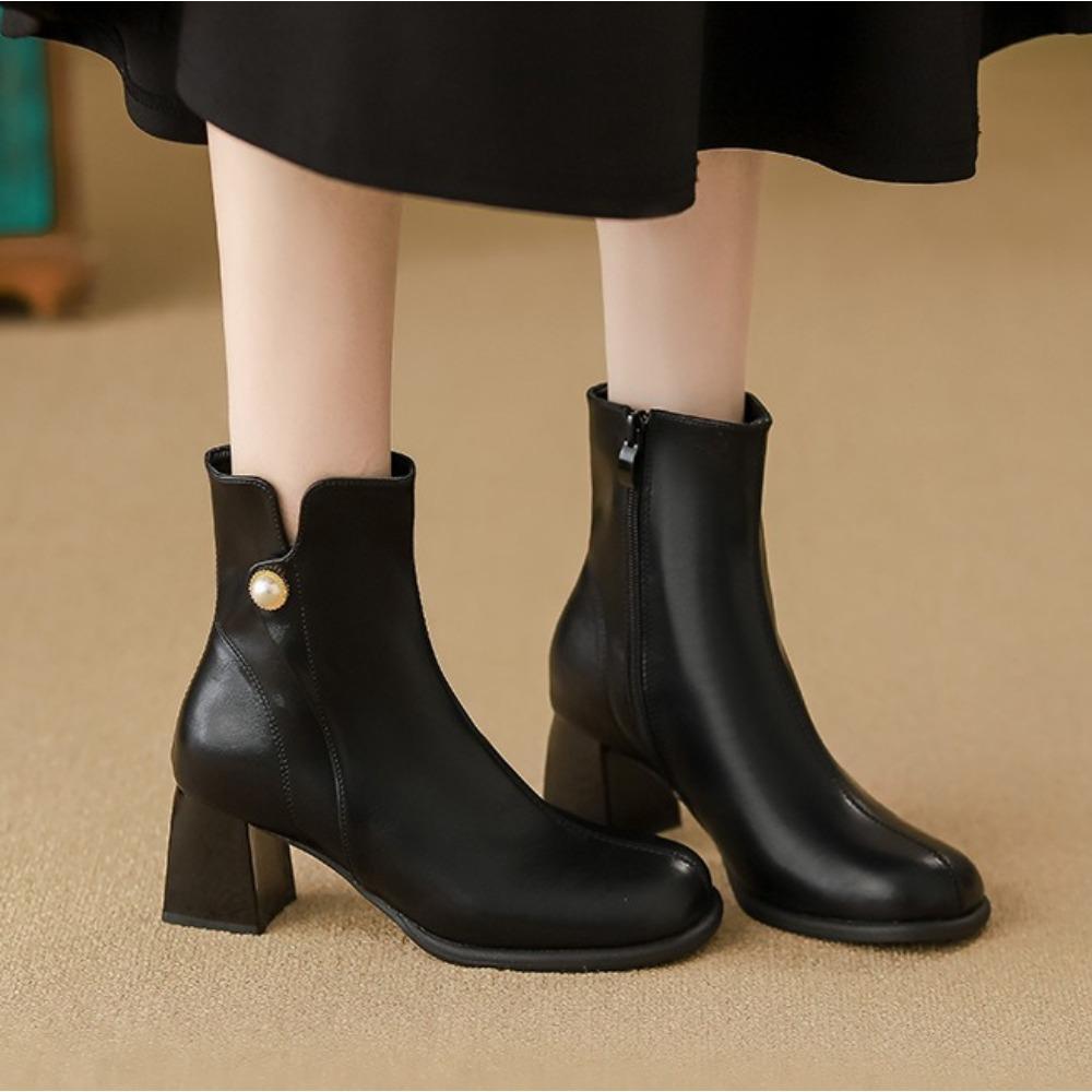 Leather Boots Women's Winter New French Bootie Women's Versatile Rough Heel High Heel Mary Jane Boots Women Ankle Bootie