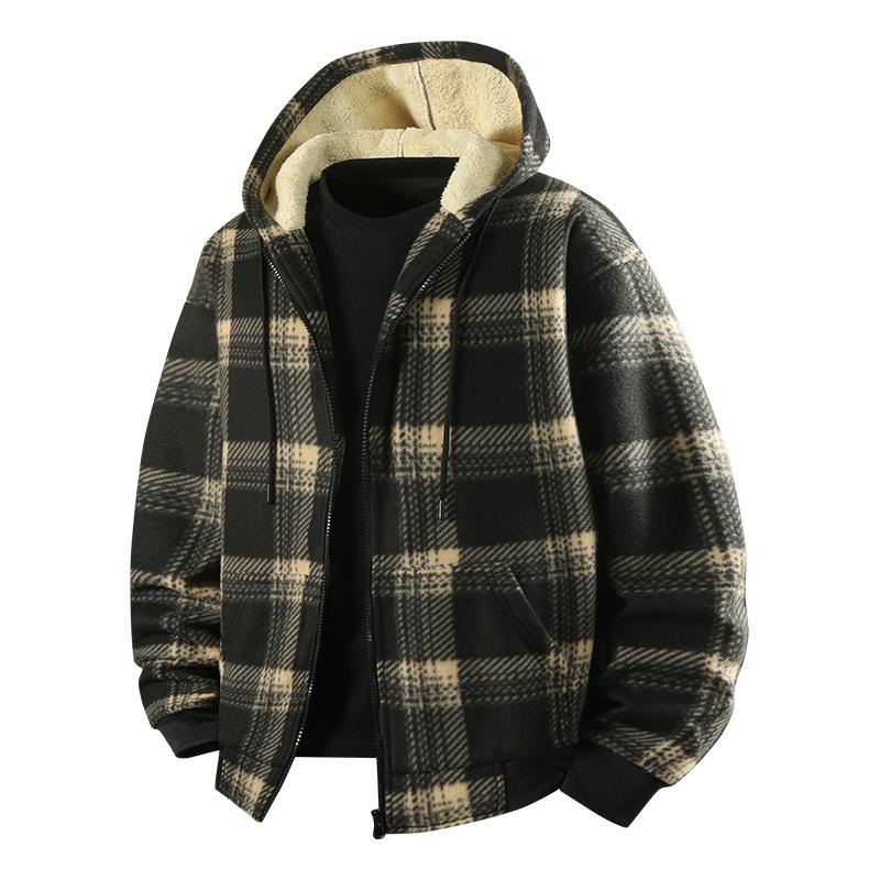 Autumn and Winter Men's Hoodie Cardigan Striped Checkered Fleece Casual Sports Jacket