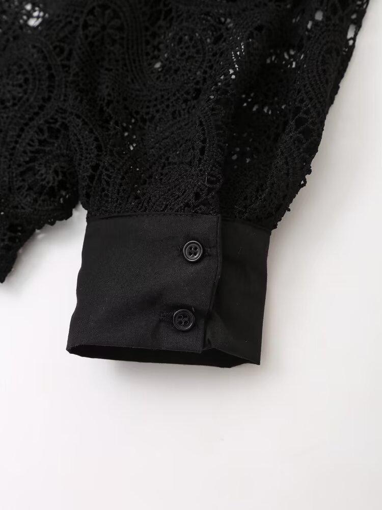 European & American Retro Crochet Knit Hollow Long Sleeve Women's Shirt