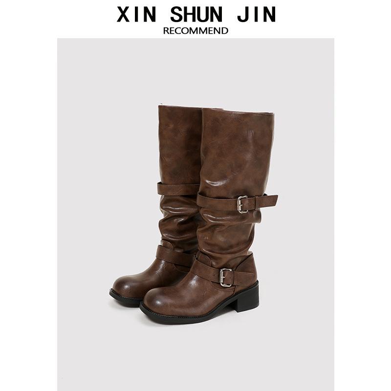 

Belt buckle stack boots thick heel 2025 autumn new retro old medium boots Korean version boots niche tooling boots women 40 кофейный