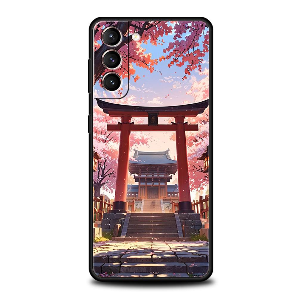 Phone Case for Samsung Galaxy S25 Edge S24 S23 S22 S20 S21 FE Ultra S10 Plus Soft TPU Japanese Style Temple And Cherry Blossoms