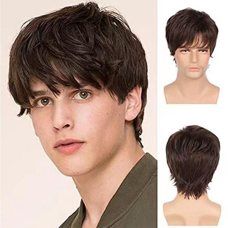 

Brown Short Synthetic Wig, Men s Layered Wavy Wig with Side Bangs for Daily Wear
