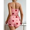 Women's Strawberry Print Ribbed Knit Ice Silk Camisole Pajama Set Comfortable Two-Piece Sleepwear for Summer