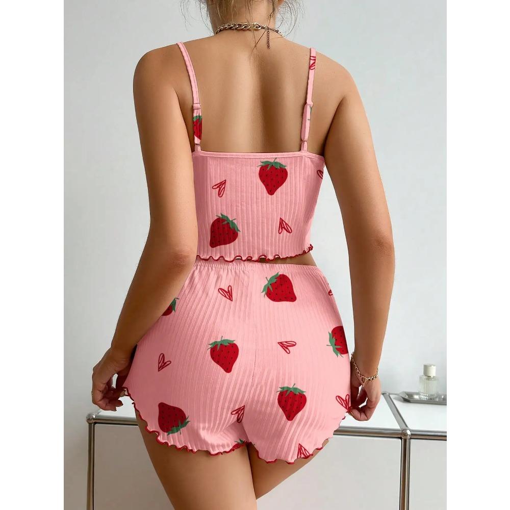 Women's Strawberry Print Ribbed Knit Ice Silk Camisole Pajama Set Comfortable Two-Piece Sleepwear for Summer