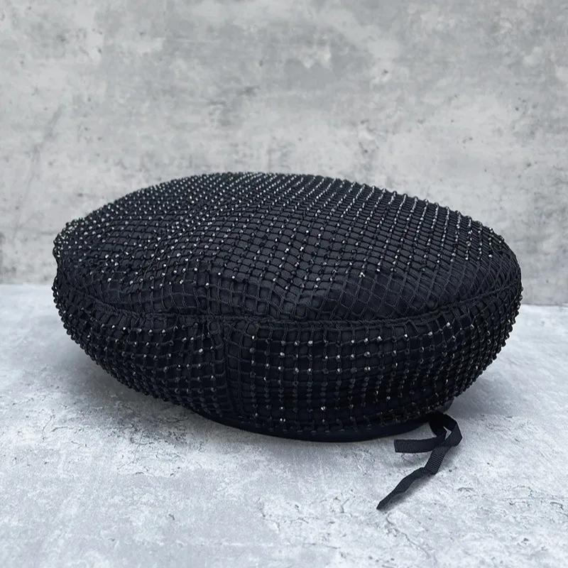 Korean Mesh Rhinestone Beret Black Elegant Temperament All Match Pumpkin Hat Retro Fashion Painter Hat