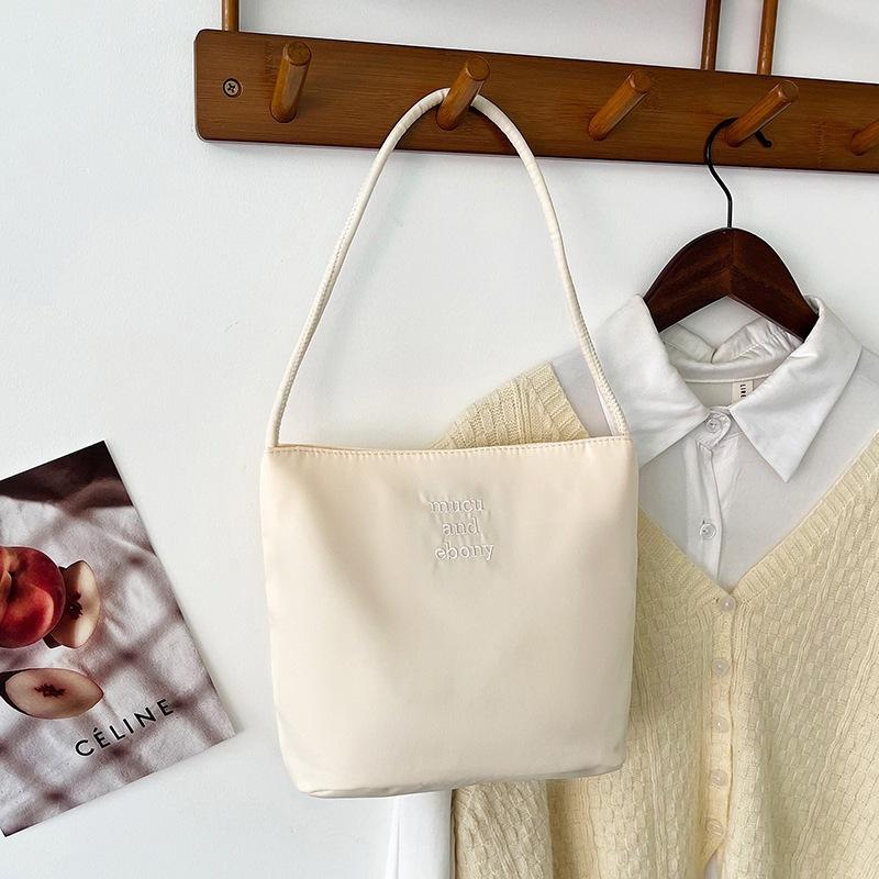 Korean Style Letter Underarm Bag Tote Bag Handbag Embroidery Shoulder Bag Pure Color Large Capacity Nylon Bucket Bag Women 1Pc