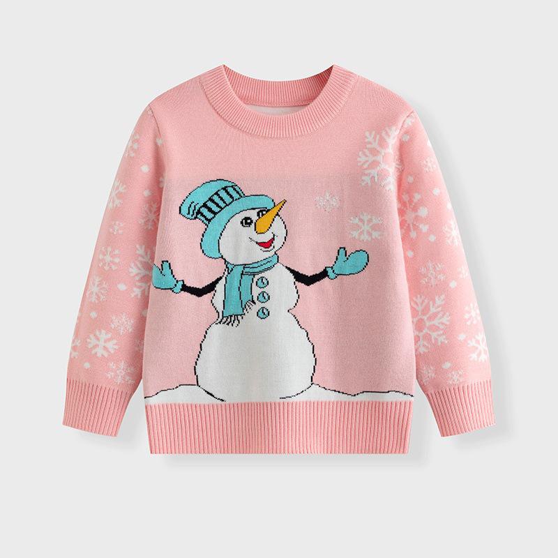 Girls' Double-Layer Snowman Jacquard Knit Pullover - Long-Sleeved Christmas Sweater for Autumn and Winter
