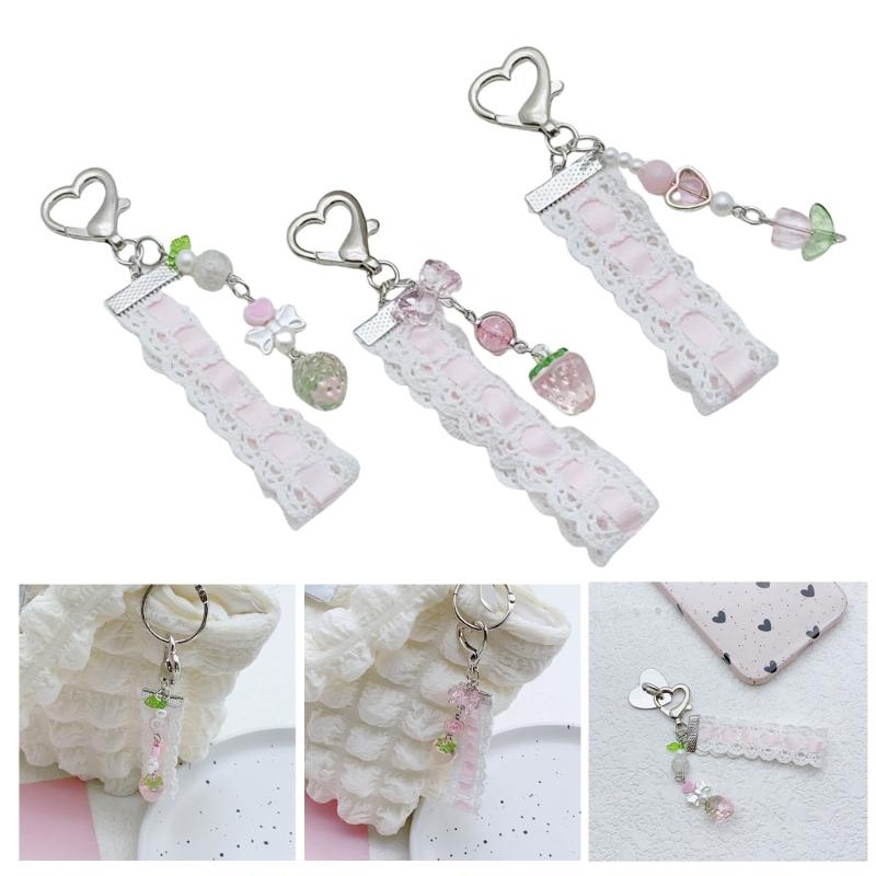 Strawberry Beaded Phone Accessory Unique Pink Lace Ribbon Beaded Phone Tassels with Strawberry and Pendant