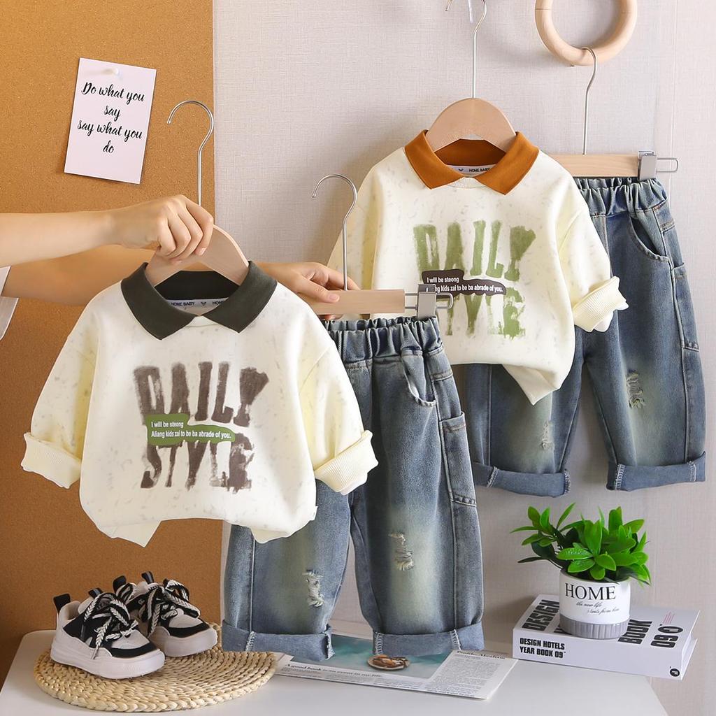 Boys' Long Sleeved Two-piece Set - Collar Letter Printed Hoodie+casual Denim Pants - High-quality Clothing -6 Months -5 Years Old