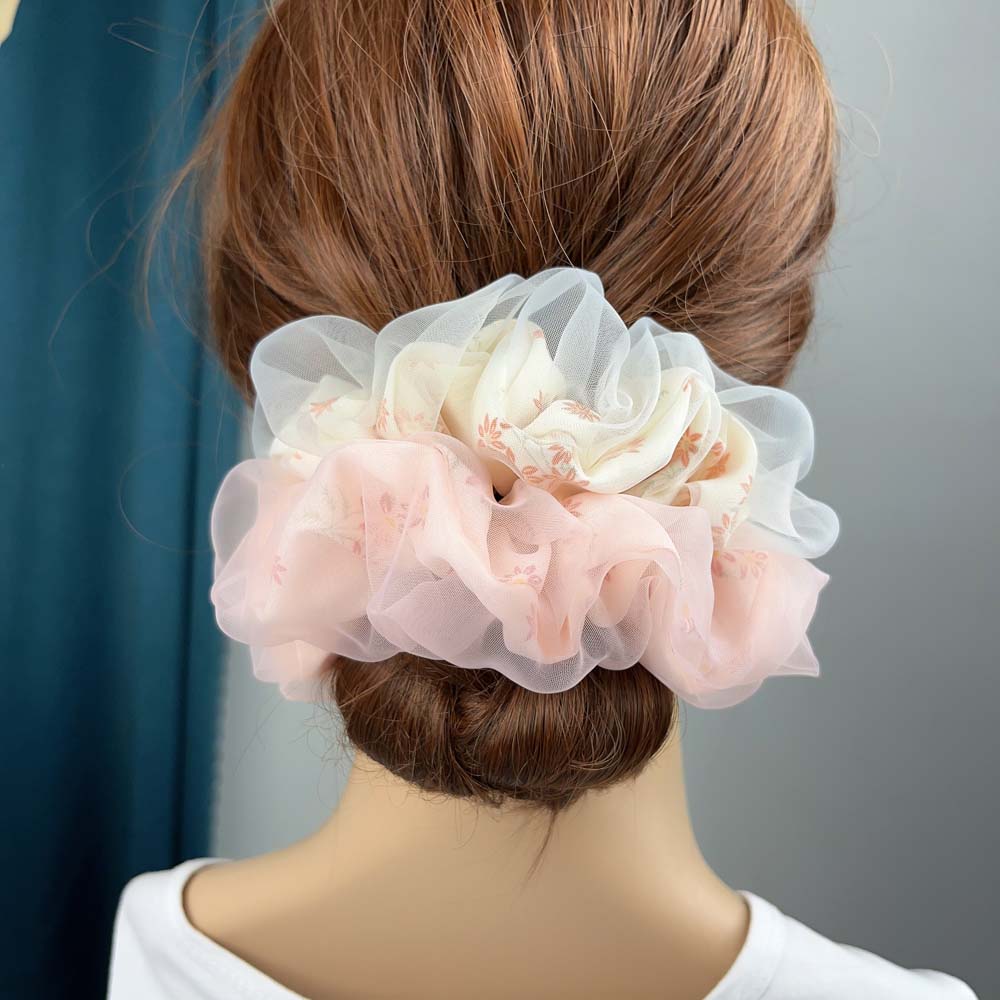 Doppellagige Organza Scrunchies Elastische Haarbänder Damen Mädchen Süßer Druck Pferdeschwanzhalter Haargummis Haaraccessoires Mode