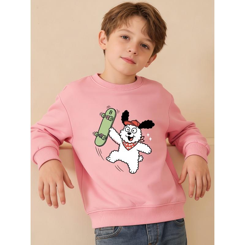 European Sizes Autumn/Winter Kids' Long-Sleeve Crewneck Sweatshirt, Casual and Comfortable Style with Fun Cartoon Puppy Skateboard Print