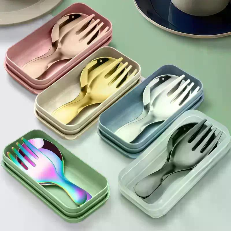 Stainless Steel Tableware Set Spoon Fork 2Pc Portable With Box Outdoor Camping Cutlery Lunch Hiking Camp Cooking Travel Flatware
