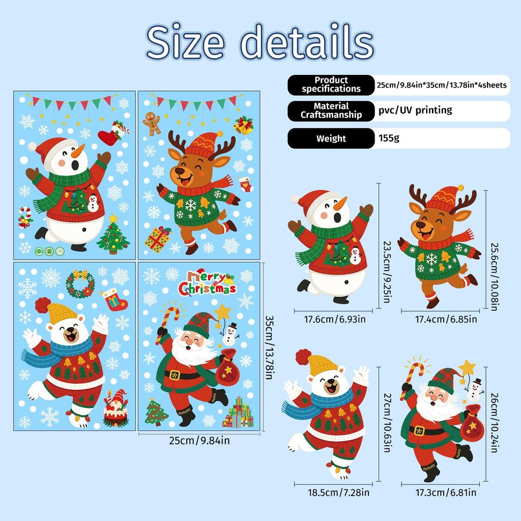 Christmas Decorative Glass Static Cling Stickers: Santa, Snowflakes, Snowmen Window Decals