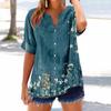 Women's Loose Printed Stand Collar Short-sleeved Cotton and Linen Top