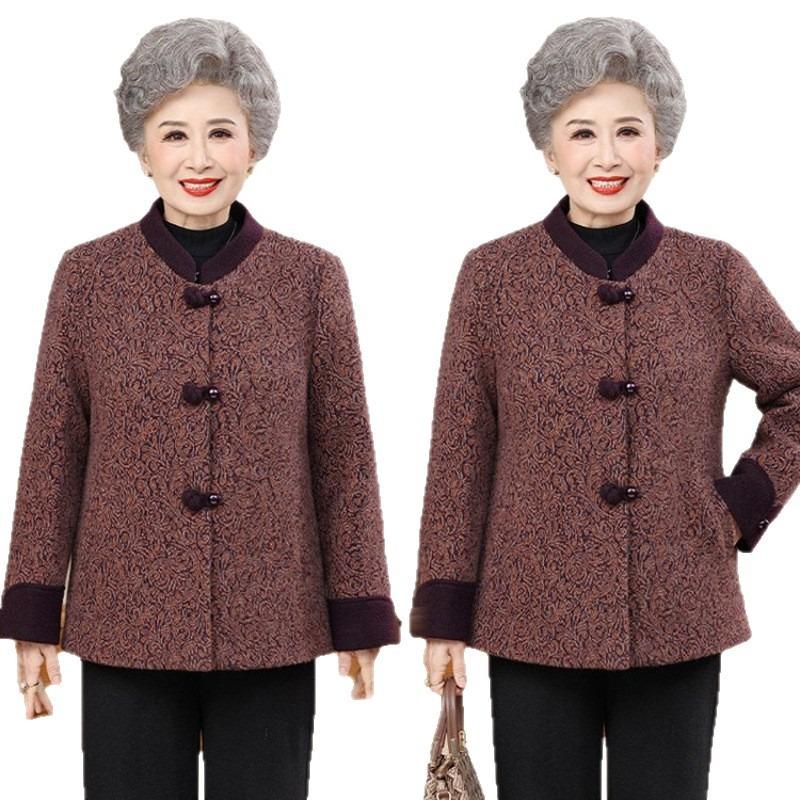 Fleece New Autumn and Winter Autumn and Winter Clothing Mother Woolen Grandma Middle-aged Elderly Coat Thickened Tang Clothing Woolen Top Women