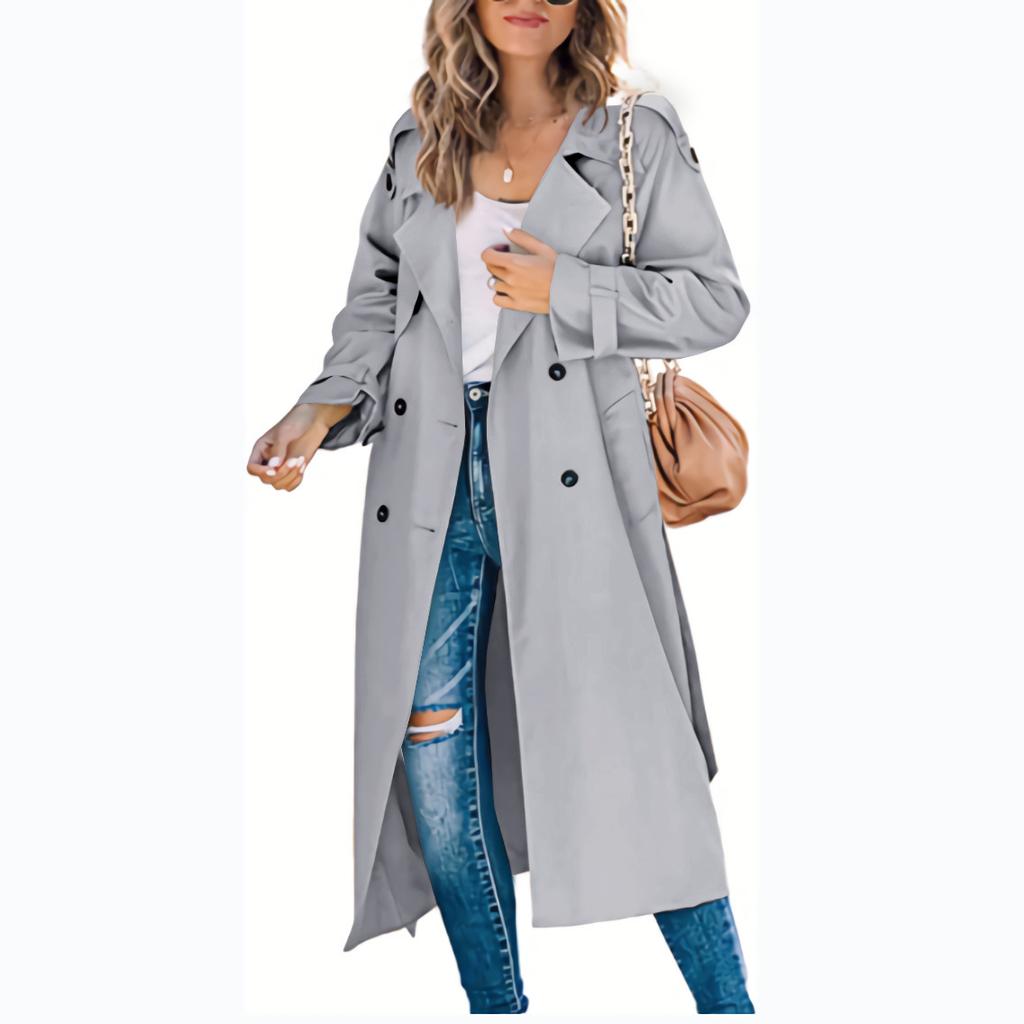 Women Vintage Long Trench Coat Classic Double-Breasted Lapel Long Sleeve Windproof Overcoat with Belt Elegant Jackets Streetwear