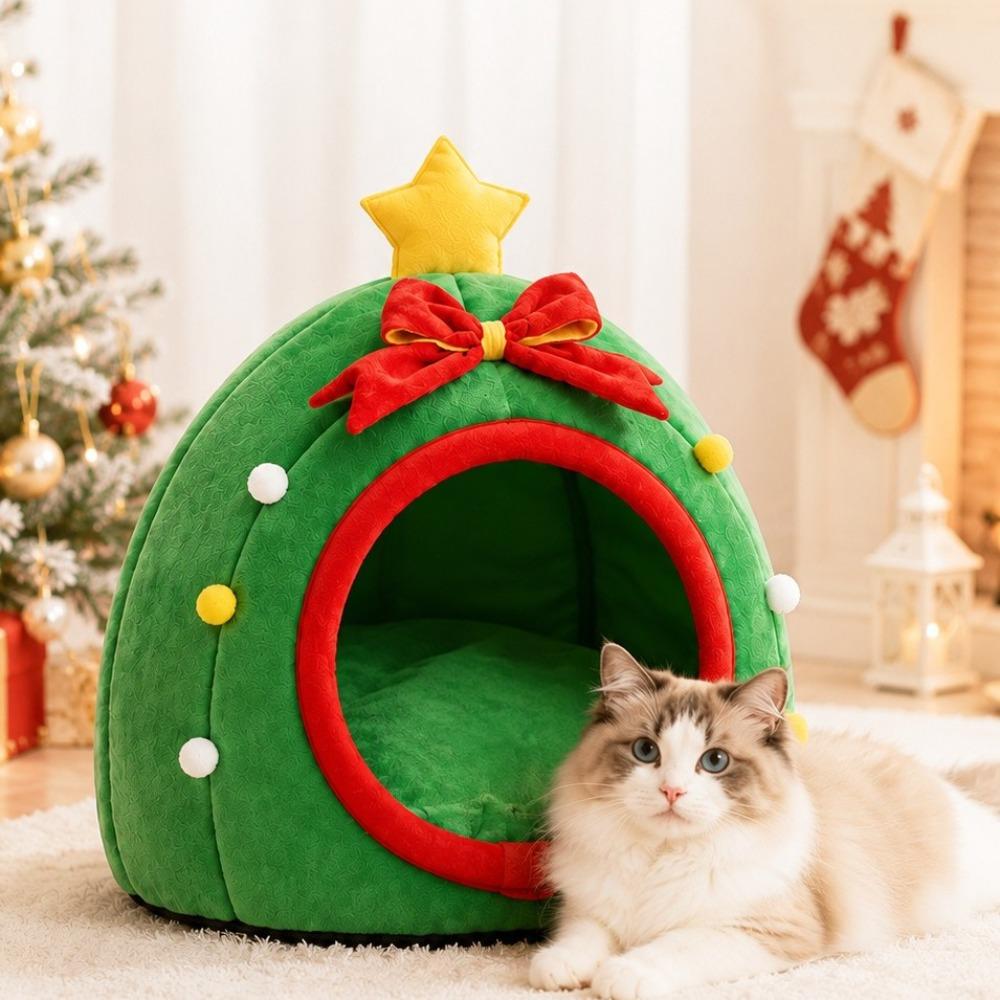 Semi-Enclosed Christmas Cat Nest Non-slip Pet Sleeping Cave Xmas Tree Shaped Pet House Indoor