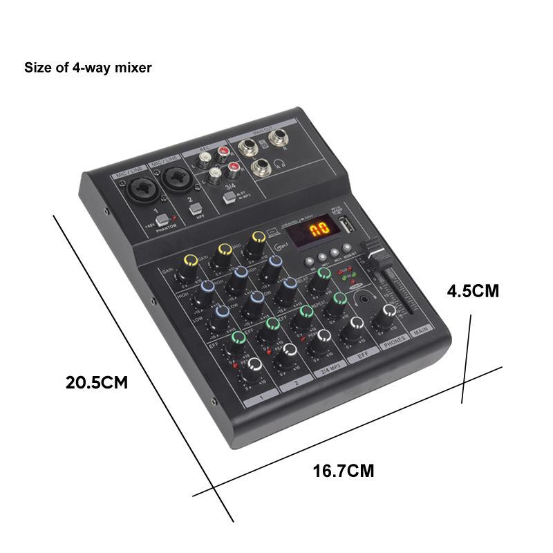 Professional 4-Channel Bluetooth Mixer with 48V Power and Reverb for Home Recording and Performances