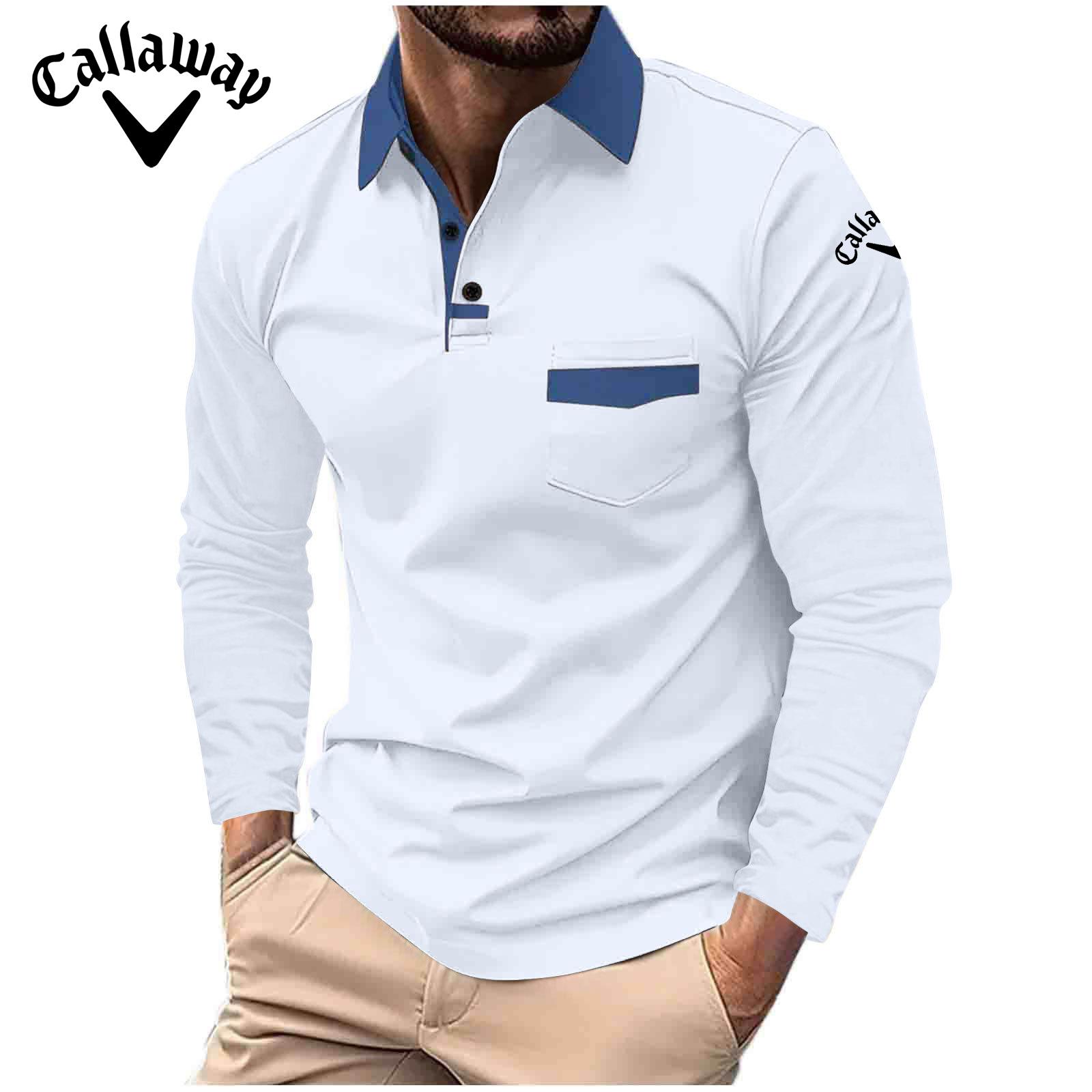 

Рубашка поло Callaway большого размера с вышивкой на весну и осень, мужская, с карманом, отложным воротником, спортивная рубашка поло с длинным рукавом S белый