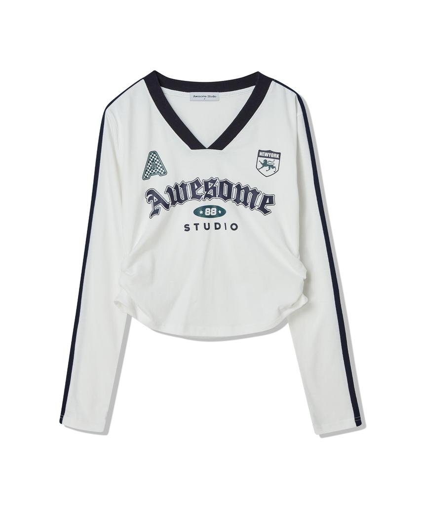 AWESOME STUDIO Blockcore V-Neck Shirred T-Shirt Navy
