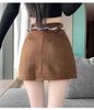 Plus Size Brown Suede A-line High-Waisted Skirt for Women - Slimming, Hip-Hugging Short Skirt for Spring and Autumn
