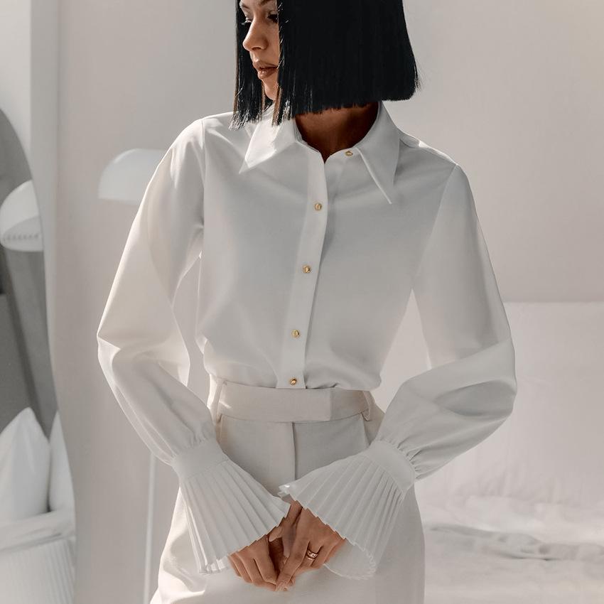 Autumn fashion design sense flared sleeves white slim-fit commuter lapel shirt European and American versatile simple shirt women's clothing