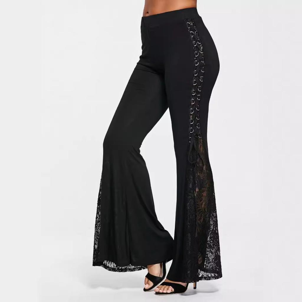 Ladies Casual Pants Sexy Slim Printed Lace High Waist Flared Pants