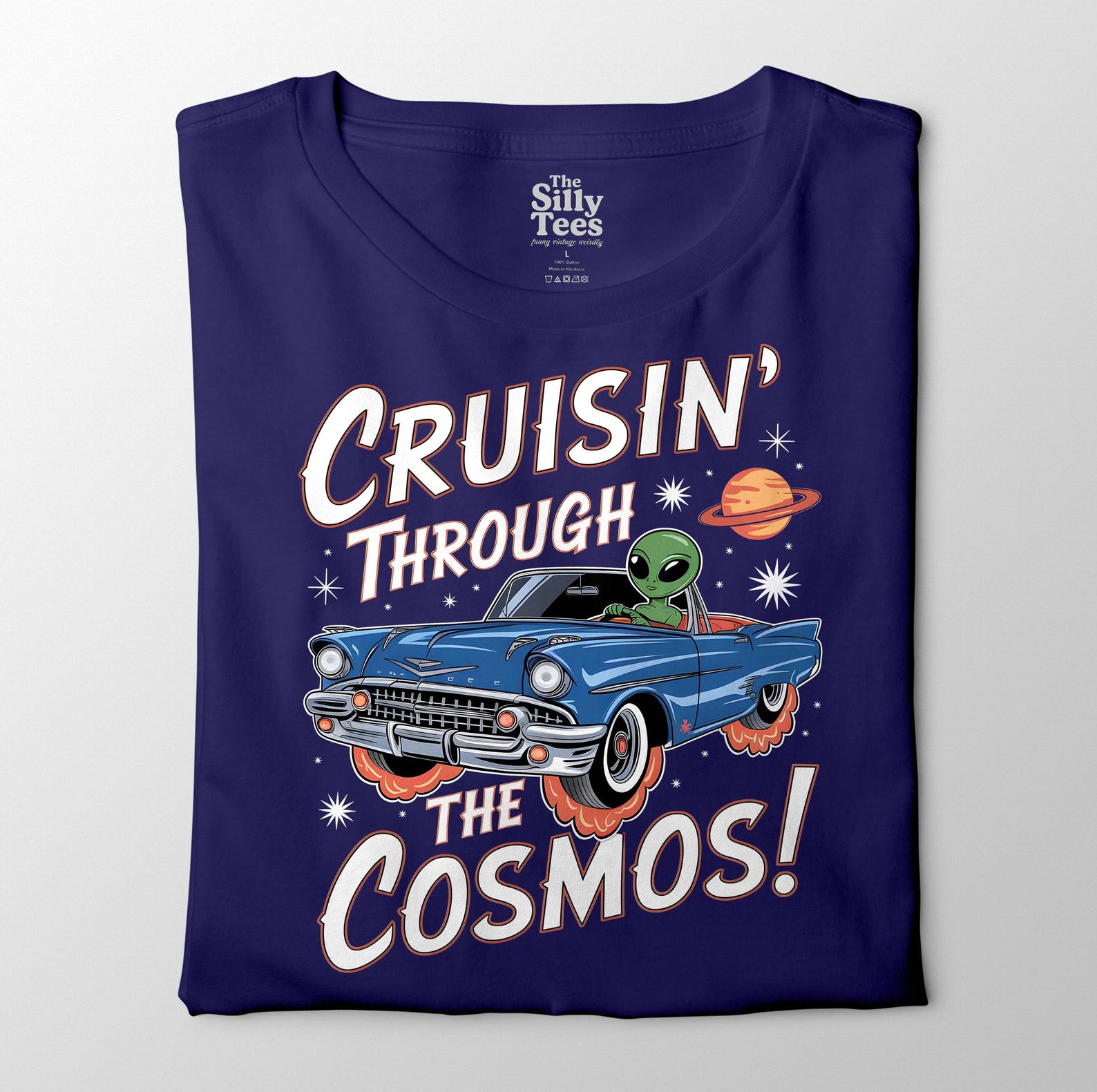 Retro Alien Graphic T-Shirt: Cruisin the Cosmos in Vintage Car 2XL