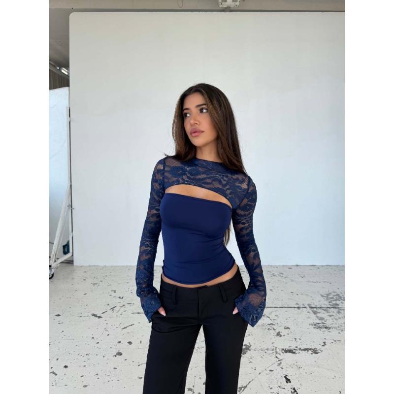 Новая женская кружевная футболка Универсальные топы для женщин Сексуальный и стройнящий Полый дизайн Высококачественная база S темно-синий
