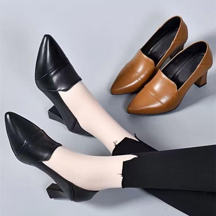 New Women's Pointed-toe Thick-heeled Versatile Basic Open-toe Leather Shoes, Single Shoes