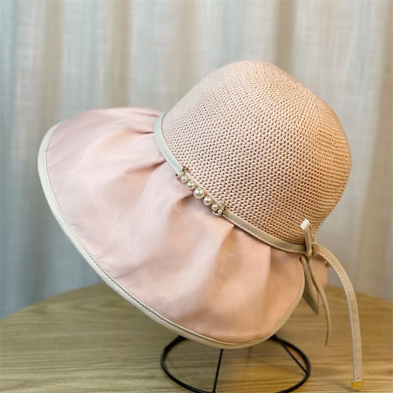 Summer Hat Women Beads Rope Chain Bucket Hat Sunshade Breathable Wide Brim Sun Hat Beach Accessories Sunhats Ladies New
