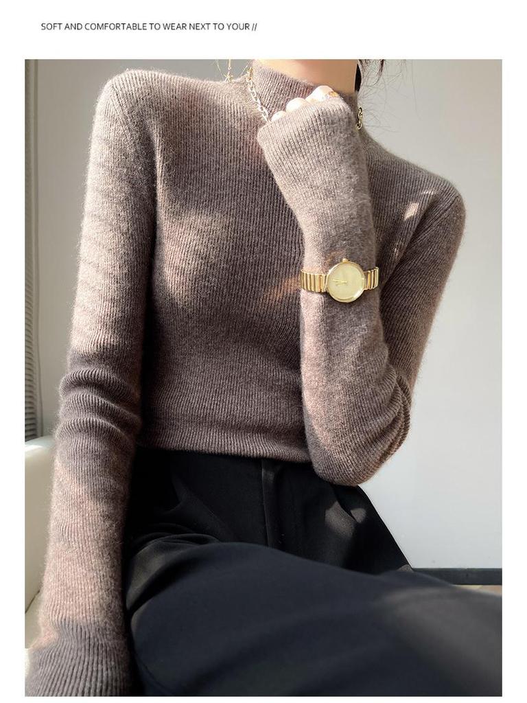 Women's Slim-Fit Semi-High Neck Long Sleeve Knitwear Pullover for Autumn and Winter
