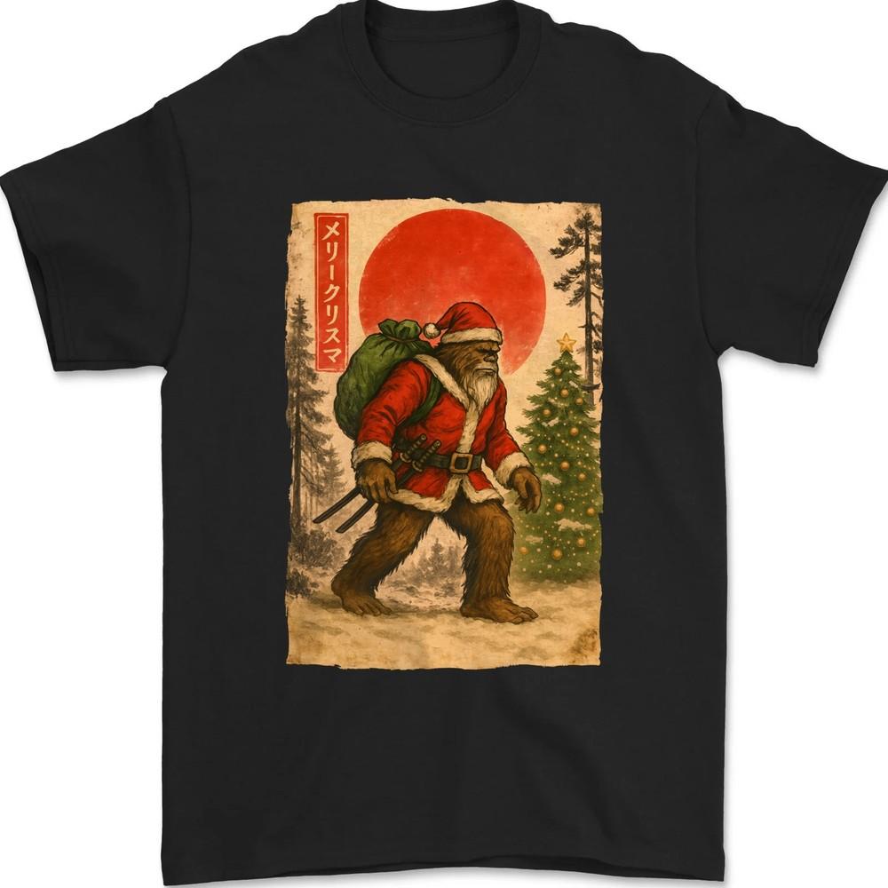 Santa Bigfoot Christmas Tree Xmas Lights Japanese Art Funny T-Shirt S